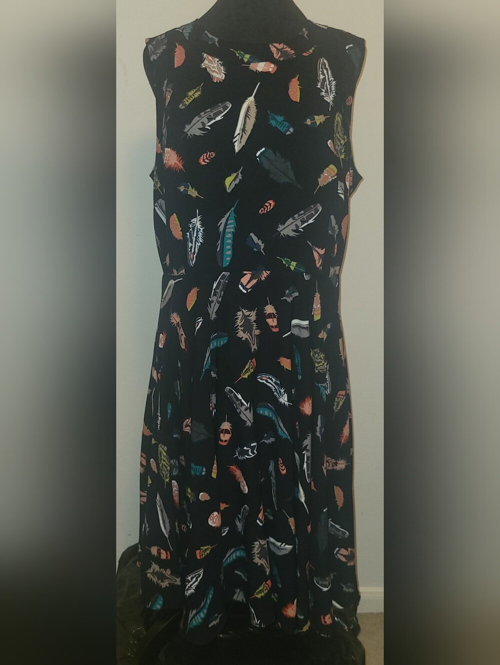 Sleeveless Black Feathers Print A-line Dress